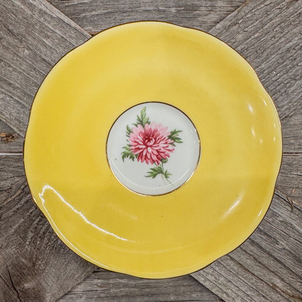 Vintage Yellow Staffordshire Adderley Tea Cup Saucer w Pink Chrysanthemum Center